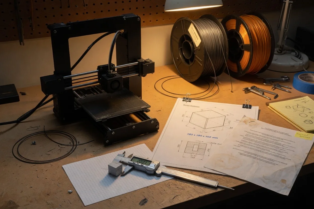 AI-generated illustration of an unbranded desktop printer, a caliper, and a printed cube on a workshop desk